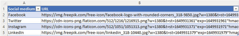 Excel table with image URLs