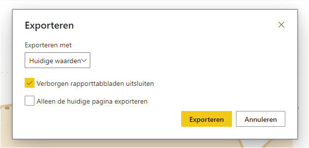 Export to PDF settings in Power BI workspace