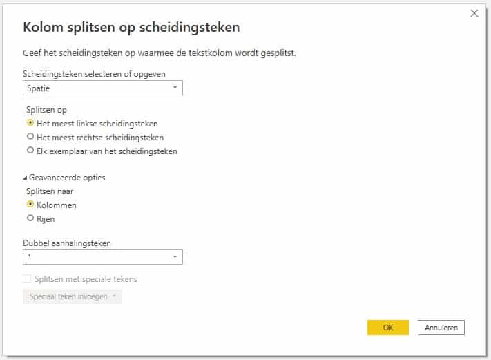 Settings for splitting a column in Power BI