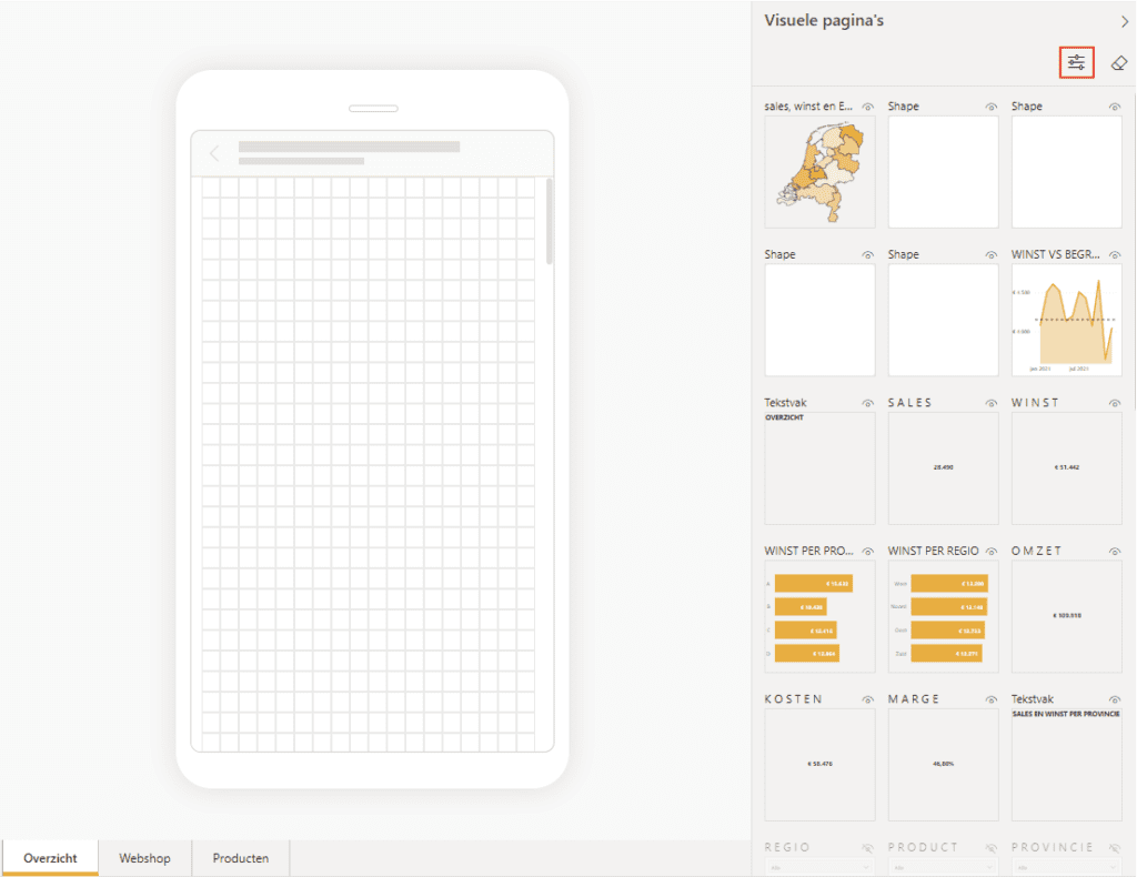 Overzicht geactiveerde mobiele indeling