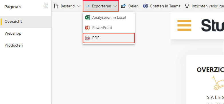 Exporteren naar PDF in Power BI werkruimte