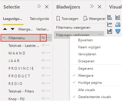 Gegroepeerde visuele elementen verbergen in Power BI