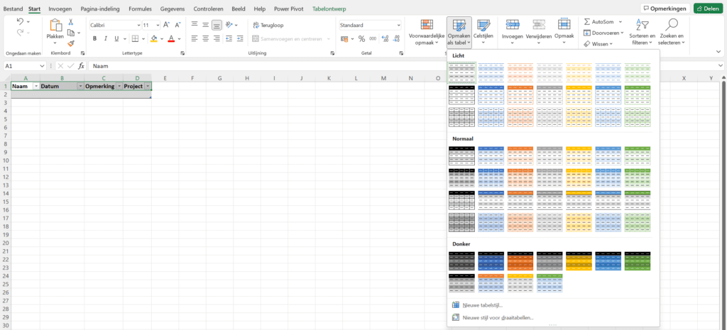 Tabel toevoegen in Excel