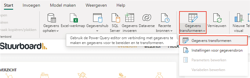 Gegevens transformeren openen in Power BI